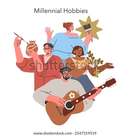Millennial Hobbies concept. Group of young adults engaging in creative pastimes like playing guitar and painting. Leisure activities and lifestyle. Vector illustration.