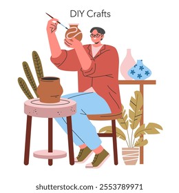 Millennial Hobbies concept. Illustrator engaged in pottery painting, showcasing creativity and craftsmanship. Creative leisure activity in a home studio setting. Vector illustration.