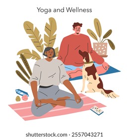 Millennial Hobbies concept. Two adults engaging in yoga with a playful dog, surrounded by peaceful home elements. Modern wellness and relaxation scene. Vector illustration.