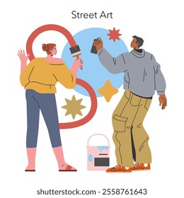 Millennial Hobbies concept. Young artists engaging in vibrant street art creation. Urban culture expression through mural painting. Vector illustration.