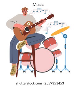 Millennial hobbies concept. A young man playing guitar with a drum set nearby symbolizes musical interest. Leisure time, talent development. Vector illustration.