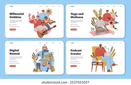 Millennial Hobbies set. Modern leisure activities including music, travel, yoga, and podcasting. Illustrates contemporary lifestyle trends. Vector illustration.