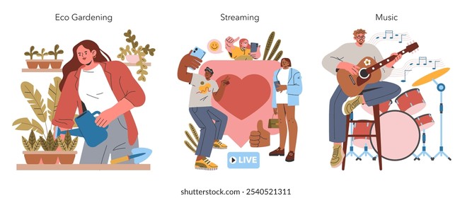 Millennial Hobbies set. Urban eco gardening, content streaming, and music playing illustrated. Modern leisure activities. Vector illustration.