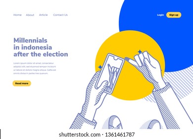 Millennial lifestyle in indonesia after the election they always exist update to social media post. Outline,thin line art,linear,hand drawn sketching design. Millennial business concept illustration 