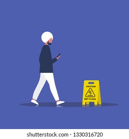 Millennial male character addicted to a smartphone. Nomophobia. Caution, wet floor. Wet surface. Flat editable vector illustration, clip art