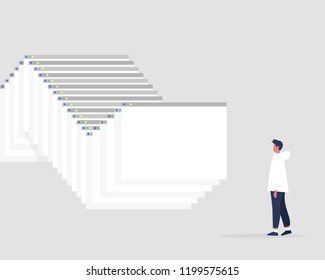 Millennial male character working with the information. Data analysis. Browser tabs. New technologies. Internet. Flat editable vector illustration, clip art