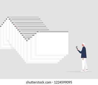 Millennial male character working with the information. Data analysis. Browser tabs. New technologies. Internet. Flat editable vector illustration, clip art