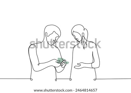 millennial man is counting out banknotes and a generation Z girl is standing next to him - one line art vector. concept of issuing salary in cash, tips. Handmade vector not AI 