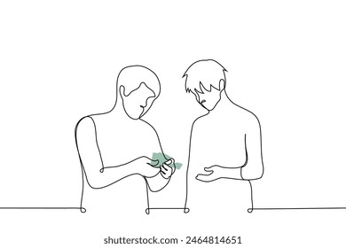 Un millennial cuenta billetes y un joven de la generación Z se encuentra a su lado - un Vector de arte de una línea. concepto de emisión de sueldo en efectivo, propinas. Vector hecho a mano no AI 