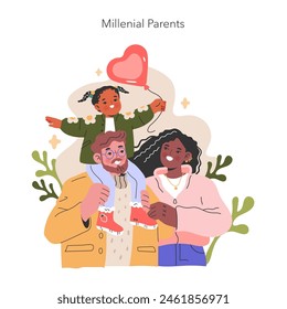 Millennial Parents illustration. Captures a heartwarming moment with a child and her joyful parents, symbolizing love and family bonds. Vector illustration.