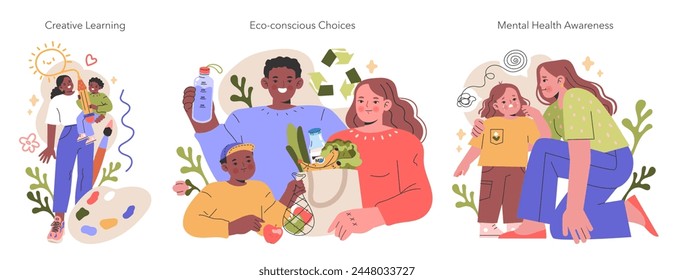 Millennial Parents illustration. Visual story of engaging in creativity, making sustainable choices, and prioritizing mental health in family life. Vector illustration.