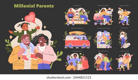 Millennial Parents set. Contemporary family dynamics with a focus on digital integration, adventure, and well-being. Showcasing holistic lifestyle choices from tech-savvy homes to nature escapes.
