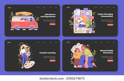 Millennial Parents web template set. Captures family road trips, online parenting groups, artistic child development, and emotional well-being. Vector illustration for digital use.