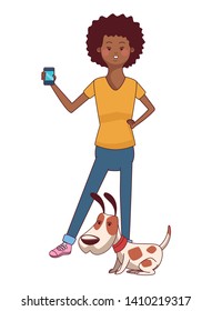 Millennial people cute pet dog owner smiling wearing yellow shirt using smartphone