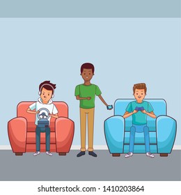 Millennial people gaming party guy sitting on couch playing holding controller vector illustration graphic design