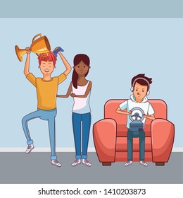 Millennial people gaming party guy sitting on couch playing holding controller guy holding up trophy vector illustration graphic design