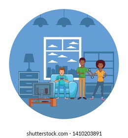 Millennial people gaming party guy sitting on couch playing holding controller using smartphone with tv screen vector illustration graphic design