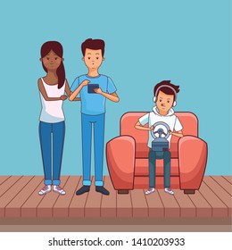 Millennial people gaming party guy sitting on couch playing holding controller using smartphone vector illustration graphic design