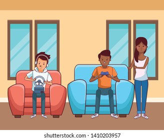 Millennial people gaming party guy sitting on couch playing holding controller vector illustration graphic design