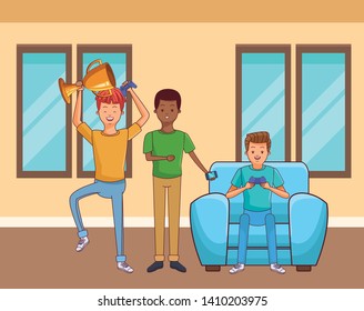 Millennial people gaming party guy sitting on couch playing holding controller using smartphone vector illustration graphic design