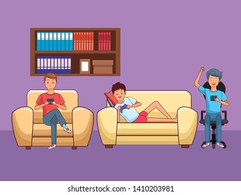 Millennial people gaming party guy sitting on couch playing holding controller using smartphone vector illustration graphic design