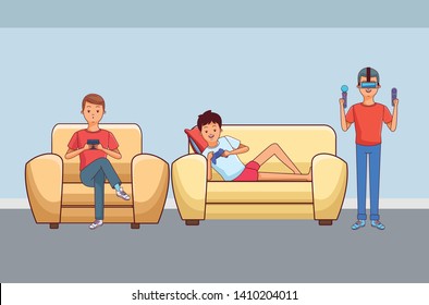 Millennial people gaming party guy sitting on couch playing holding controller vr headset vector illustration graphic design