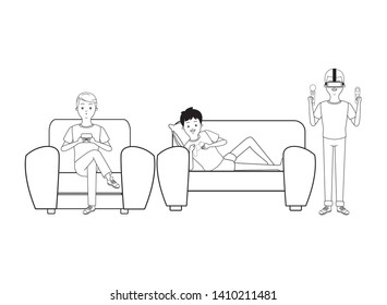 Millennial people gaming party guy sitting on couch playing holding controller vr headset black and white vector illustration graphic design