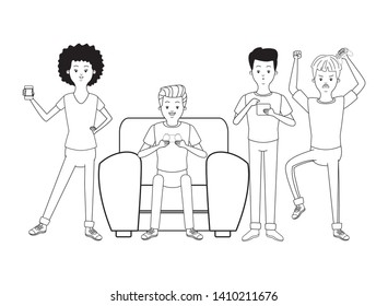 Millennial people gaming party guy sitting on couch playing holding controller using smartphone black and white vector illustration graphic design