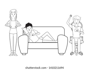 Millennial people gaming party guy sitting on couch playing holding controller using smartphone tablet user black and white vector illustration graphic design