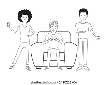 Millennial people gaming party guy sitting on couch playing holding controller using smartphone black and white vector illustration graphic design