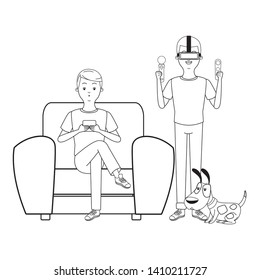 Millennial people gaming party guy sitting on couch playing holding controller using smartphone and cute pet dog black and white vector illustration graphic design