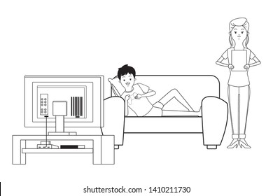 Millennial people gaming party guy sitting on couch playing holding controller tablet user with tv screen black and white vector illustration graphic design