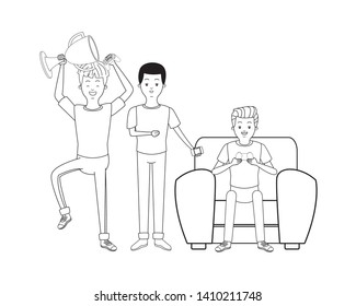 Millennial people gaming party guy sitting on couch playing holding controller using smartphone black and white vector illustration graphic design
