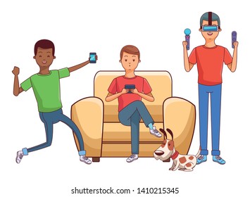 Millennial people gaming party guy sitting on couch playing holding controller using smartphone and cute pet dog vector illustration graphic design