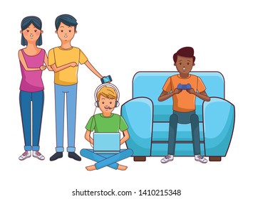 Millennial people gaming party guy sitting on couch playing holding controller using smartphone vector illustration graphic design