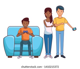 Millennial people gaming party guy sitting on couch playing holding controller using smartphone vector illustration graphic design