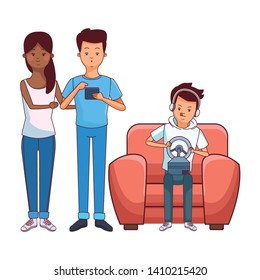 Millennial people gaming party guy sitting on couch playing holding controller using smartphone vector illustration graphic design