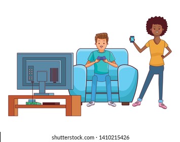 Millennial people gaming party guy sitting on couch playing holding controller using smartphone with tv screen vector illustration graphic design
