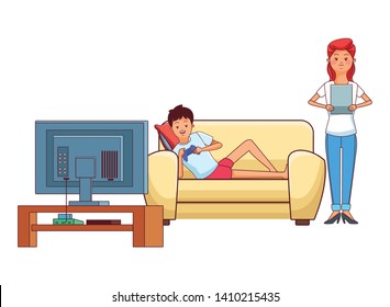Millennial people gaming party guy sitting on couch playing holding controller tablet user with tv screen vector illustration graphic design