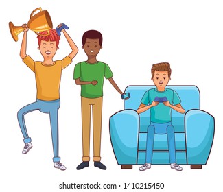 Millennial people gaming party guy sitting on couch playing holding controller using smartphone vector illustration graphic design