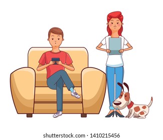 Millennial people gaming party guy sitting on couch playing holding controller tablet user and cute pet dog vector illustration graphic design