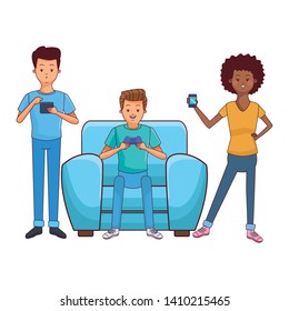 Millennial people gaming party guy sitting on couch playing holding controller using smartphone vector illustration graphic design