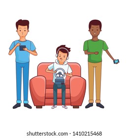 Millennial people gaming party guy sitting on couch playing holding controller using smartphone vector illustration graphic design