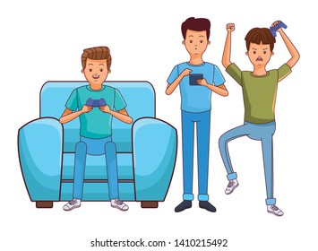 Millennial people gaming party guy sitting on couch playing holding controller vector illustration graphic design