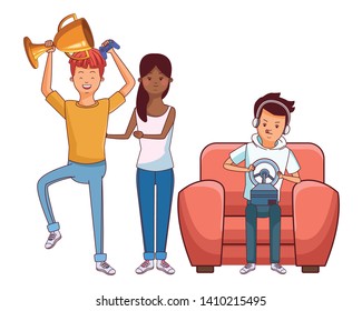 Millennial people gaming party guy sitting on couch playing holding controller guy holding up trophy vector illustration graphic design