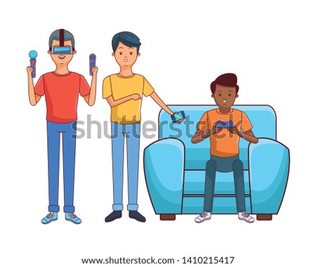 Millennial people gaming party guy sitting on couch playing holding controller using smartphone vector illustration graphic design