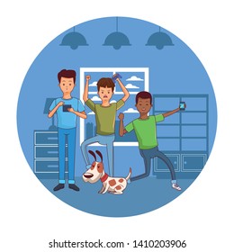 Millennial people gaming party using smartphone and cute pet dog vector illustration graphic design