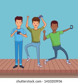 Millennial people gaming party using smartphone holding controller vector illustration graphic design