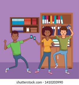 Millennial people gaming party using smartphone holding controller vector illustration graphic design