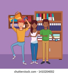 Millennial people gaming party using smartphone guy holding up trophy vector illustration graphic design